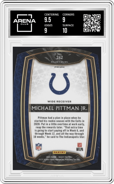 Michael Pittman Jr. from the 2020 Panini Select set featuring a Die-Cut Purple Prizm  parallel graded by Arena Club and given an overall grade of 9.5.