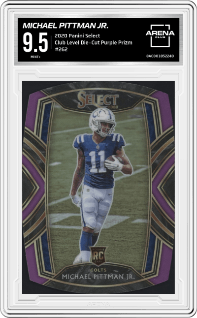 Michael Pittman Jr. from the 2020 Panini Select set featuring a Die-Cut Purple Prizm  parallel graded by Arena Club and given an overall grade of 9.5.