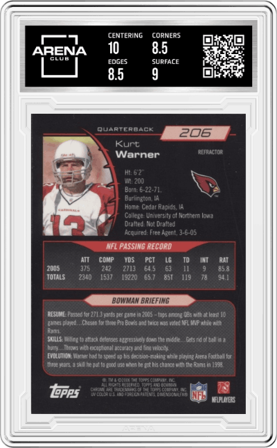 Kurt Warner from the 2006 Bowman Chrome set featuring a Refractor parallel graded by Arena Club and given an overall grade of 9.
