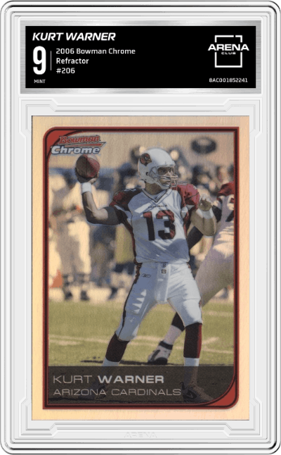 Kurt Warner from the 2006 Bowman Chrome set featuring a Refractor parallel graded by Arena Club and given an overall grade of 9.