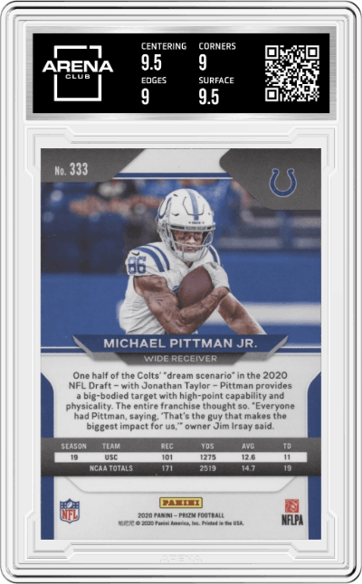 Michael Pittman Jr. from the 2020 Panini Prizm set graded by Arena Club and given an overall grade of 9.5.