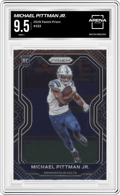 Michael Pittman Jr. from the 2020 Panini Prizm set graded by Arena Club and given an overall grade of 9.5.