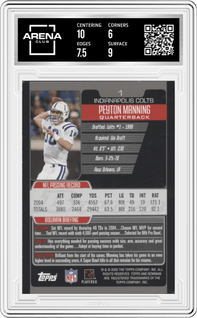 Peyton Manning from the 2005 Bowman  set graded by Arena Club and given an overall grade of 6.5.