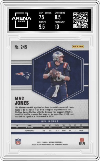 Mac Jones from the 2021 Panini Mosaic set graded by Arena Club and given an overall grade of 8.