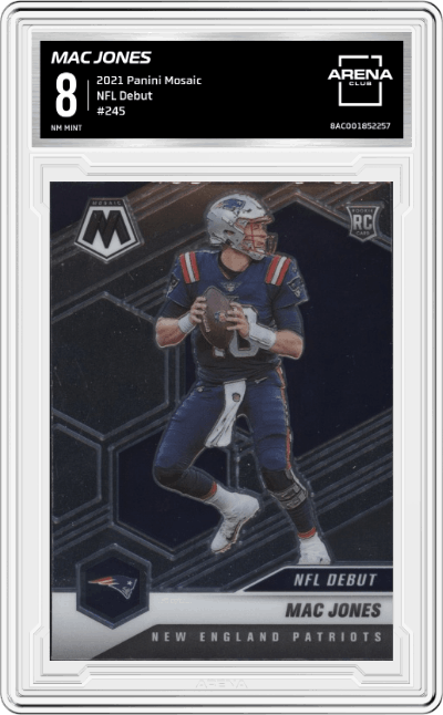 Mac Jones from the 2021 Panini Mosaic set graded by Arena Club and given an overall grade of 8.