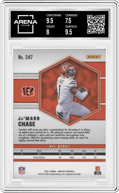 Ja'Marr Chase from the 2021 Panini Mosaic set graded by Arena Club and given an overall grade of 8.