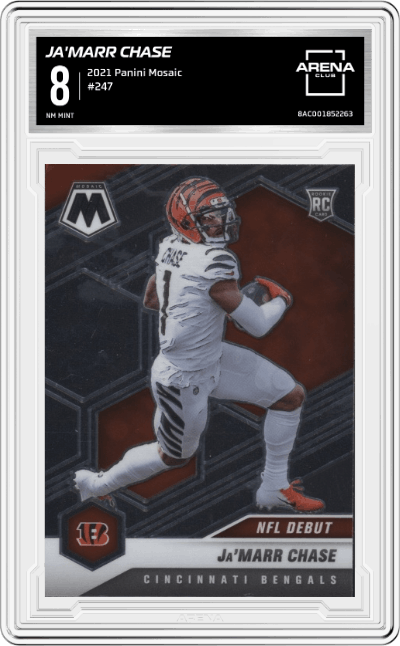 Ja'Marr Chase from the 2021 Panini Mosaic set graded by Arena Club and given an overall grade of 8.