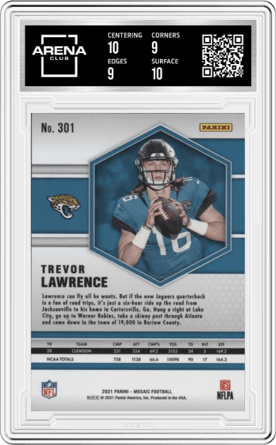 Trevor Lawrence from the 2021 Panini Mosaic set graded by Arena Club and given an overall grade of 9.5.