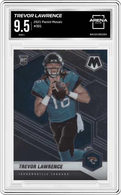 Trevor Lawrence from the 2021 Panini Mosaic set graded by Arena Club and given an overall grade of 9.5.