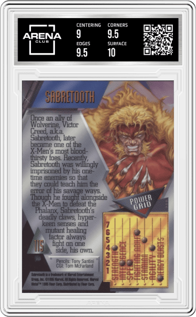 Sabretooth from the 1995 Marvel Metal set graded by Arena Club and given an overall grade of 9.5.