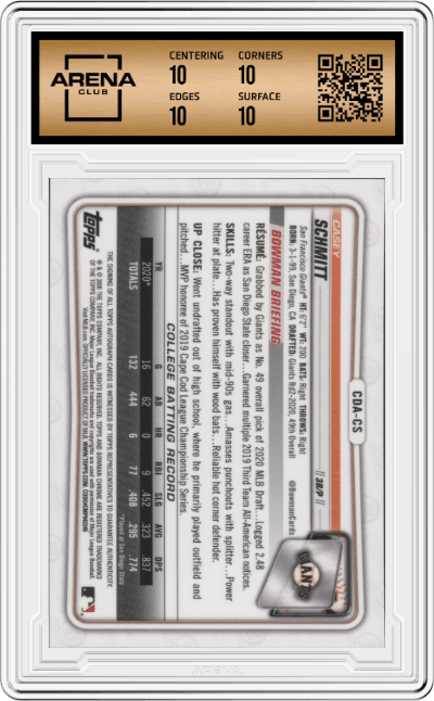 Casey Schmitt from the 2020 Bowman Draft set graded by Arena Club and given an overall grade of 10.