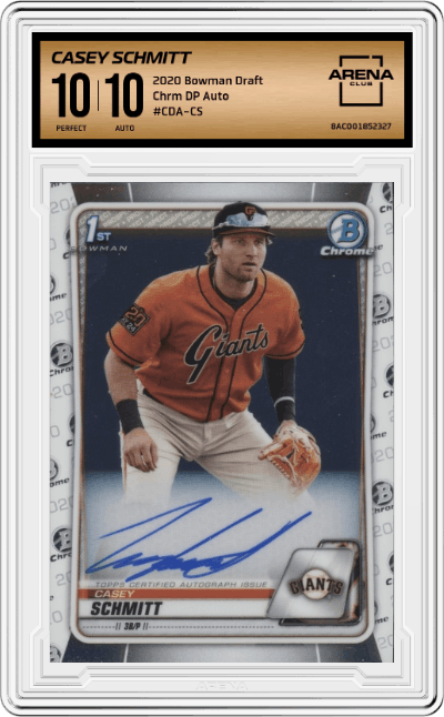 Casey Schmitt from the 2020 Bowman Draft set graded by Arena Club and given an overall grade of 10.