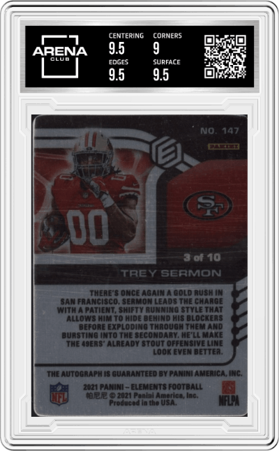 Trey Sermon from the 2021 Panini Elements set featuring a Neon parallel graded by Arena Club and given an overall grade of 9.5.