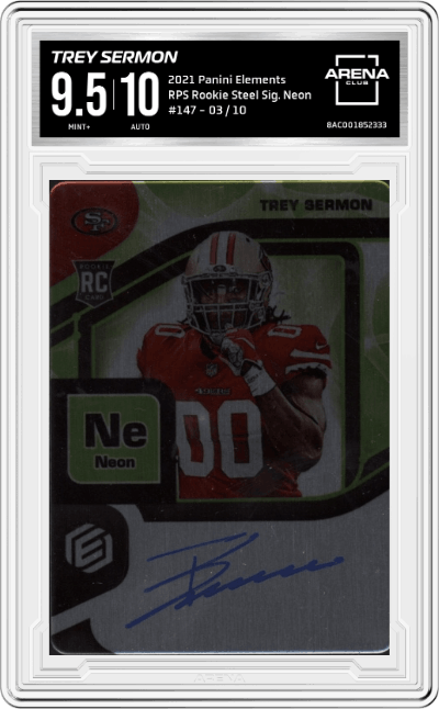 Trey Sermon from the 2021 Panini Elements set featuring a Neon parallel graded by Arena Club and given an overall grade of 9.5.
