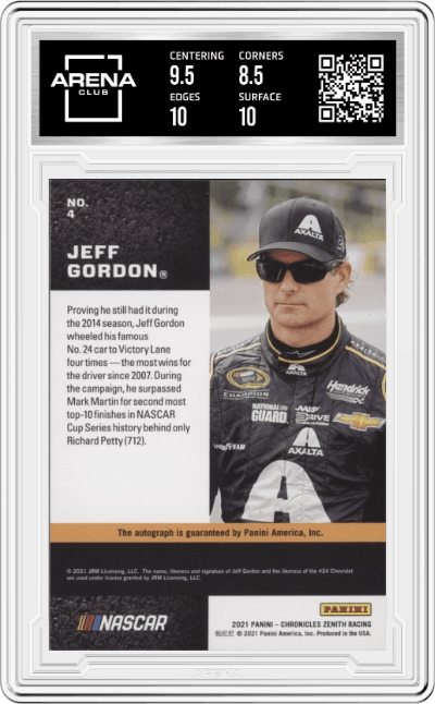 Jeff Gordon from the 2021 Panini Chronicles Racing NASCAR set graded by Arena Club and given an overall grade of 9.