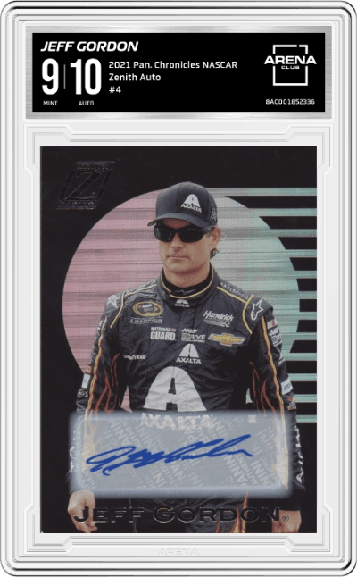 Jeff Gordon from the 2021 Panini Chronicles Racing NASCAR set graded by Arena Club and given an overall grade of 9.