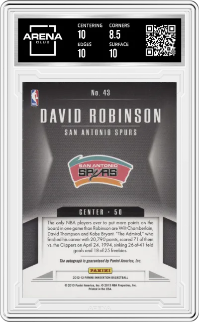 David Robinson from the 2012-13 Panini Innovation Basketball set graded by Arena Club and given an overall grade of 9.