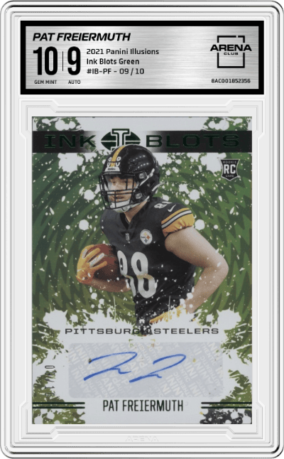 Pat Freiermuth from the 2021 Panini Illusions set featuring a Green parallel graded by Arena Club and given an overall grade of 10.