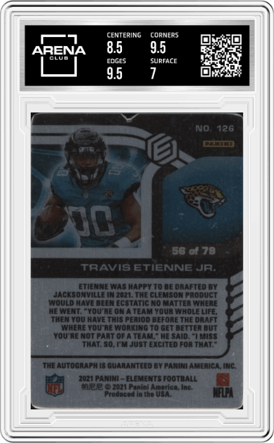 Travis Etienne Jr. from the 2021 Panini Elements set featuring a Gold parallel graded by Arena Club and given an overall grade of 7.5.