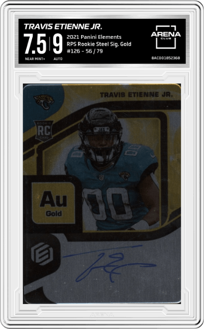 Travis Etienne Jr. from the 2021 Panini Elements set featuring a Gold parallel graded by Arena Club and given an overall grade of 7.5.