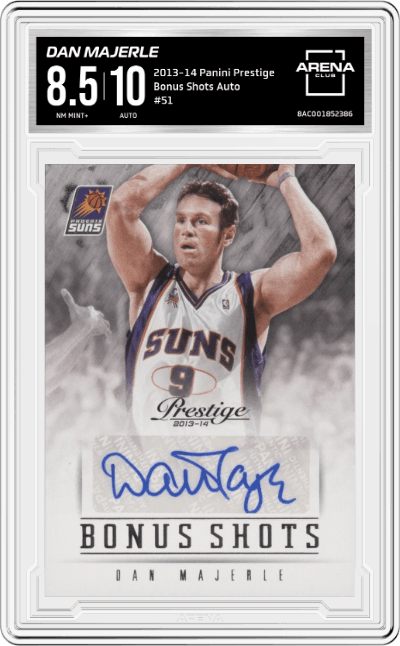 Dan Majerle from the 2013-14 Panini Prestige set graded by Arena Club and given an overall grade of 8.5.