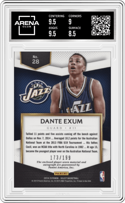 Dante Exum from the 2014-15 Panini Select Basketball set graded by Arena Club and given an overall grade of 9.