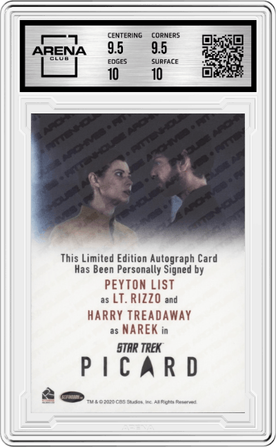 Peyton List / Harry Treadaway from the 2021 Star Trek Picard set graded by Arena Club and given an overall grade of 10.