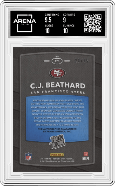 C.J. Beathard from the 2017 Panini Donruss Optic set featuring a Purple parallel graded by Arena Club and given an overall grade of 9.5.