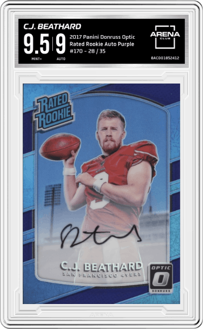 C.J. Beathard from the 2017 Panini Donruss Optic set featuring a Purple parallel graded by Arena Club and given an overall grade of 9.5.