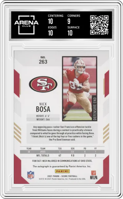 Nick Bosa from the 2021 Panini Score set featuring a Gold Zone parallel graded by Arena Club and given an overall grade of 9.5.