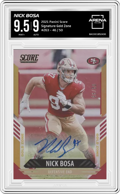 Nick Bosa from the 2021 Panini Score set featuring a Gold Zone parallel graded by Arena Club and given an overall grade of 9.5.