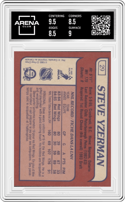Steve Yzerman from the 1985-86 O-Pee-Chee set graded by Arena Club and given an overall grade of 9.