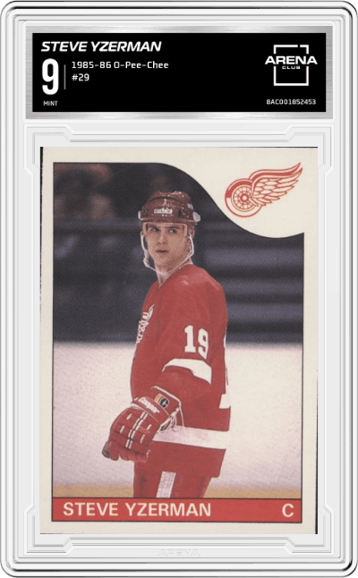 Steve Yzerman from the 1985-86 O-Pee-Chee set graded by Arena Club and given an overall grade of 9.