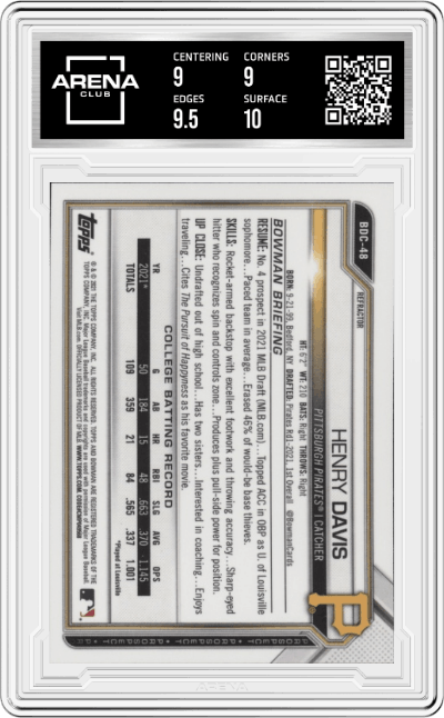 Henry Davis from the 2021 Bowman Draft set graded by Arena Club and given an overall grade of 9.5.