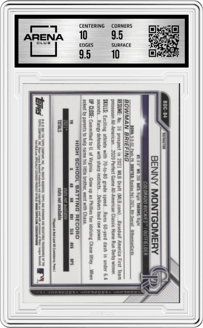 Benny Montgomery from the 2021 Bowman Draft set featuring a Refractor parallel graded by Arena Club and given an overall grade of 10.