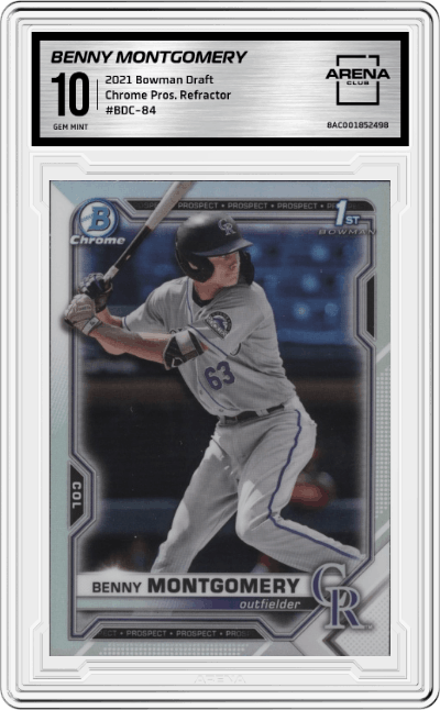 Benny Montgomery from the 2021 Bowman Draft set featuring a Refractor parallel graded by Arena Club and given an overall grade of 10.