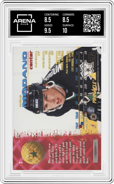 Mike Modano from the 1994-95 Pinnacle set graded by Arena Club and given an overall grade of 9.