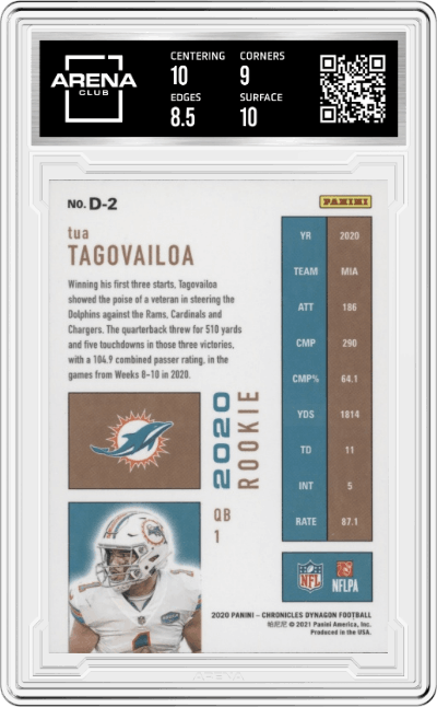 Tua Tagovailoa from the 2020 Panini Chronicles set graded by Arena Club and given an overall grade of 9.