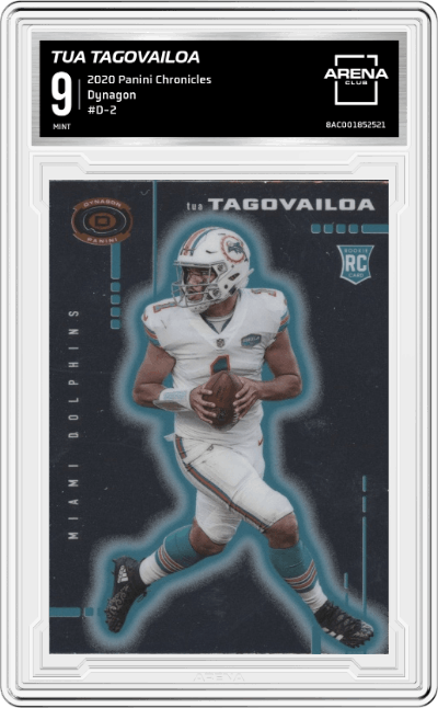 Tua Tagovailoa from the 2020 Panini Chronicles set graded by Arena Club and given an overall grade of 9.