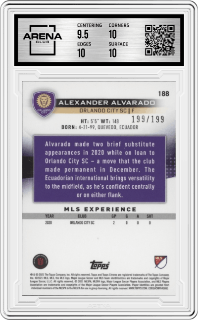 Alexander Alvarado from the 2021 Topps Chrome MLS Major League set featuring a Blue Wave Refractor  parallel graded by Arena Club and given an overall grade of 10.