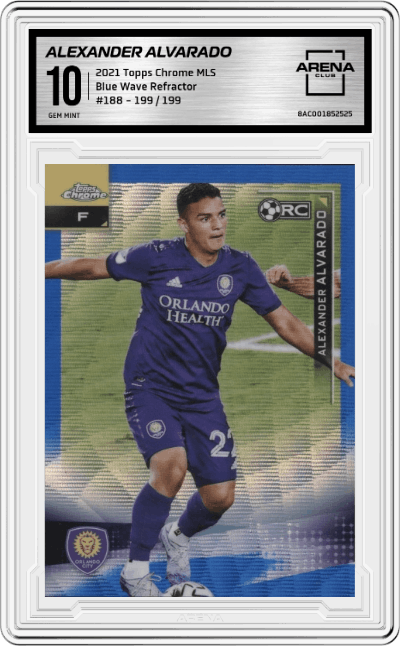 Alexander Alvarado from the 2021 Topps Chrome MLS Major League set featuring a Blue Wave Refractor  parallel graded by Arena Club and given an overall grade of 10.