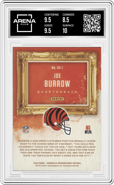 Joe Burrow from the 2020 Panini Chronicles set graded by Arena Club and given an overall grade of 9.