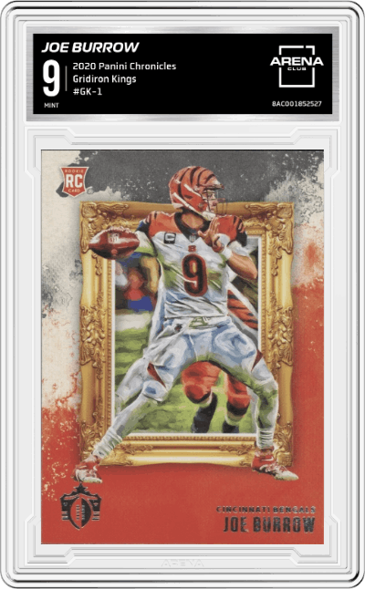 Joe Burrow from the 2020 Panini Chronicles set graded by Arena Club and given an overall grade of 9.