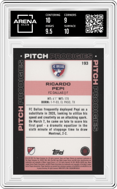 Ricardo Pepi from the 2021 Topps Chrome MLS Major League set featuring a Pink X-Fractor parallel graded by Arena Club and given an overall grade of 9.5.