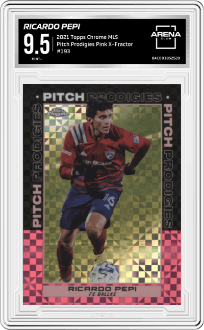 Ricardo Pepi from the 2021 Topps Chrome MLS Major League set featuring a Pink X-Fractor parallel graded by Arena Club and given an overall grade of 9.5.