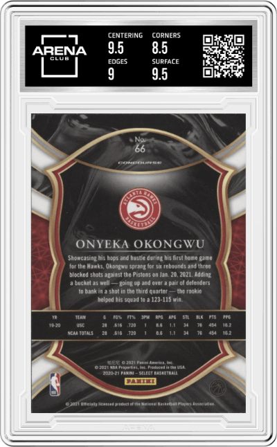 Onyeka Okongwu from the 2020-21 Panini Select  set featuring a Blue Retail parallel graded by Arena Club and given an overall grade of 9.