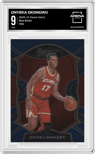 Onyeka Okongwu from the 2020-21 Panini Select  set featuring a Blue Retail parallel graded by Arena Club and given an overall grade of 9.