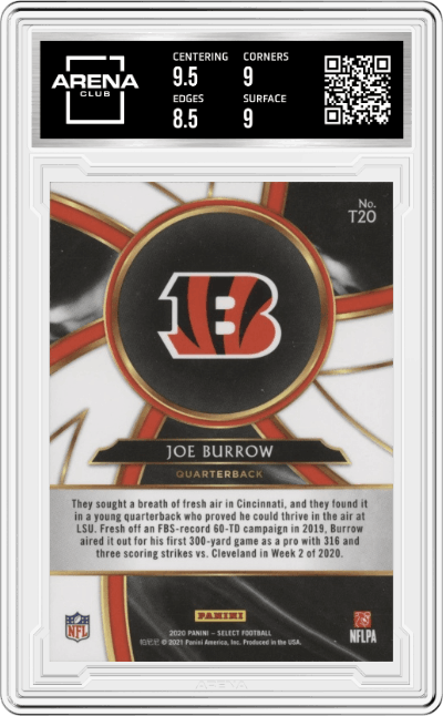 Joe Burrow from the 2020 Panini Select set graded by Arena Club and given an overall grade of 9.
