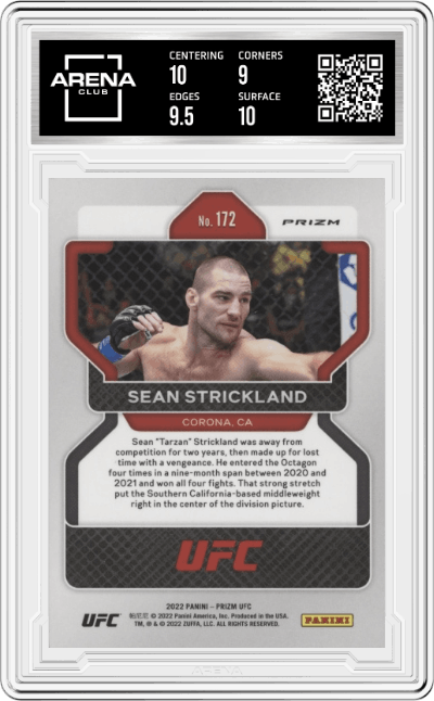 Sean Strickland from the 2022 Panini Prizm UFC  set featuring a Hyper  parallel graded by Arena Club and given an overall grade of 9.5.