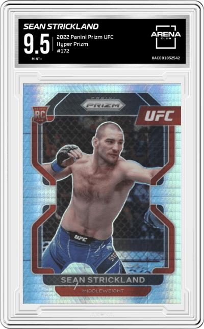 Sean Strickland from the 2022 Panini Prizm UFC  set featuring a Hyper  parallel graded by Arena Club and given an overall grade of 9.5.